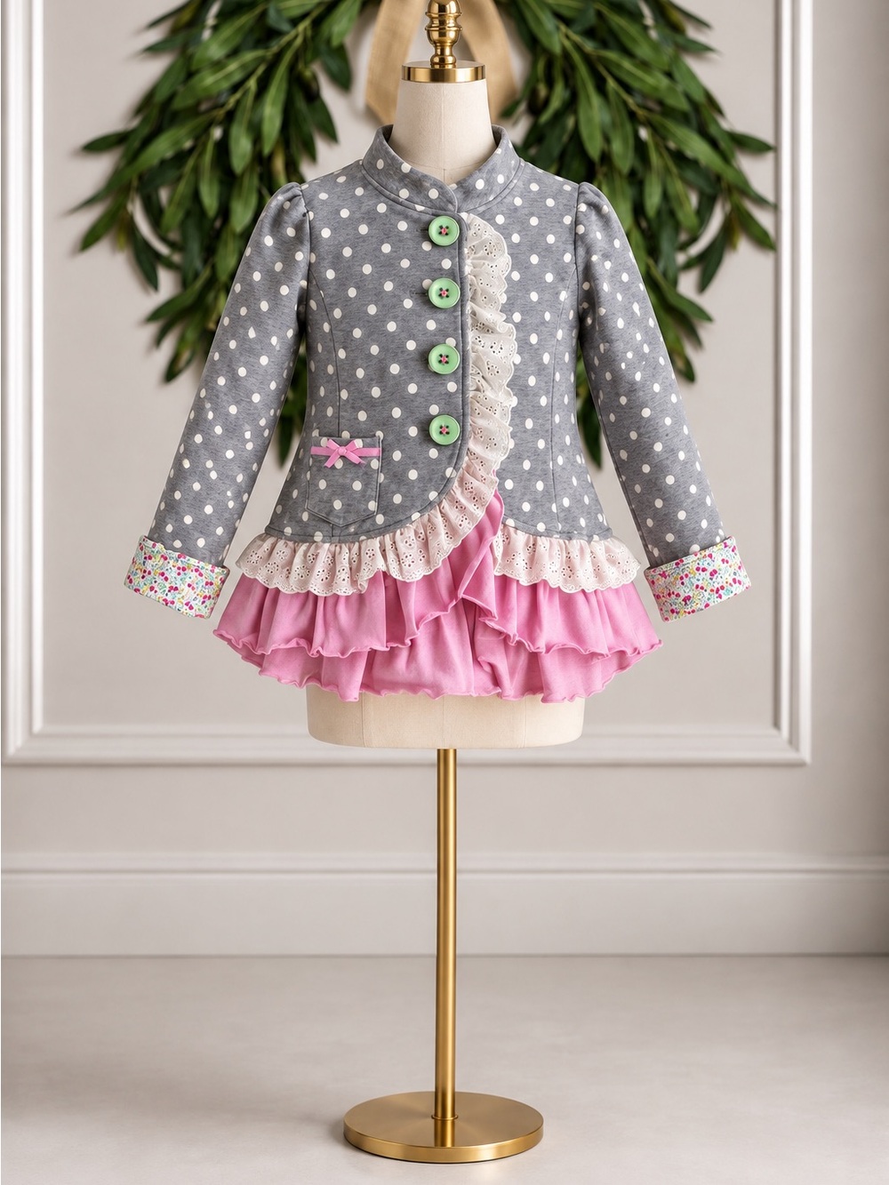 Matilda Jane Polka Dot Jacket Gray Pink Floral Size 8 Whimsical